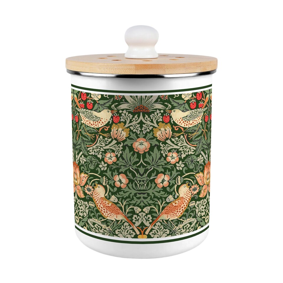 image 1 of Strawberry Thief Food Waste Caddy - Metal 2L Green Decorative Kitchen Compost Bin