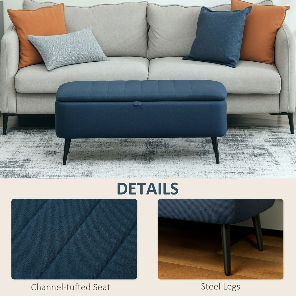 image 1 of HOMCOM Storage Ottoman Bench, Linen Fabric Footstool with Steel Legs Blue
