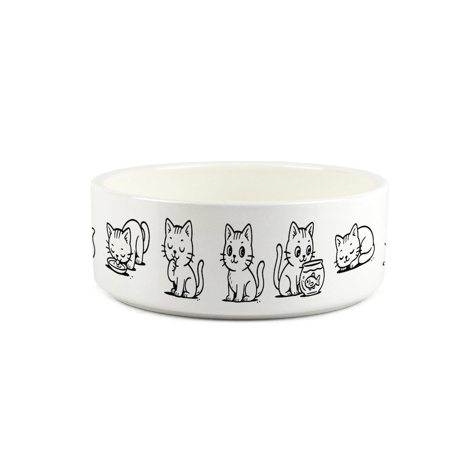 image 1 of Cartoon Doodle Cats Small Ceramic Pet Bowl - White Food/Water Dish for Cats