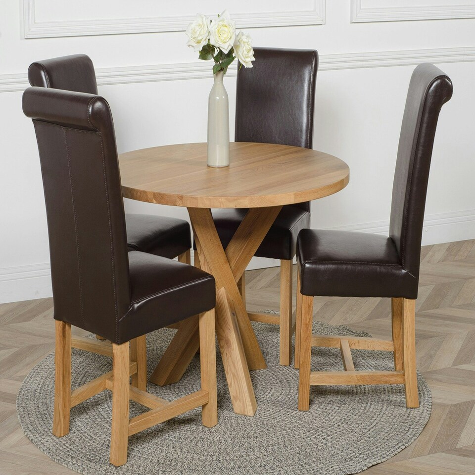 image 1 of Oregon Round Oak Dining Table with Washington Leather Chairs Brown