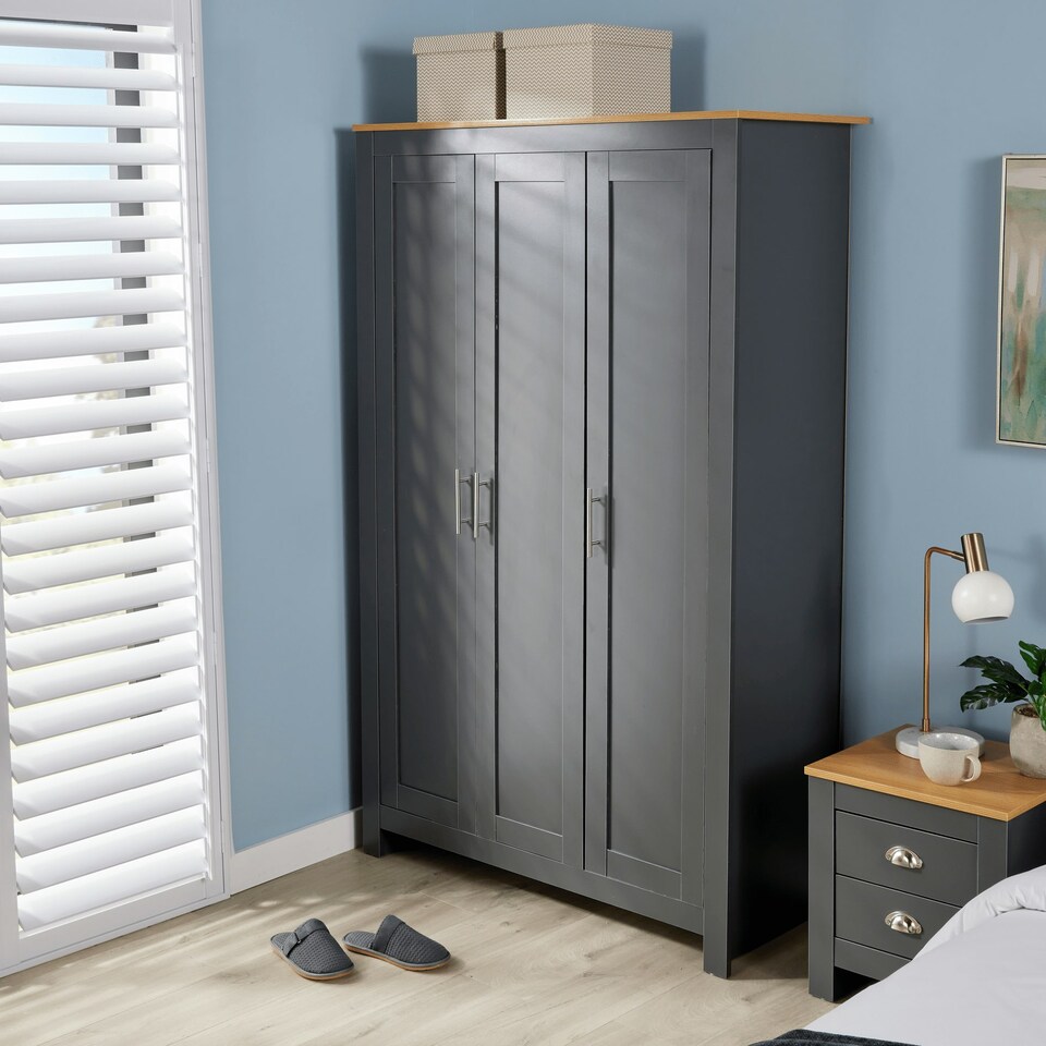 image 1 of Wardrobe 3 Door Bedroom Furniture Clothing Storage Oak Top Wooden Unit Grey | Graphite