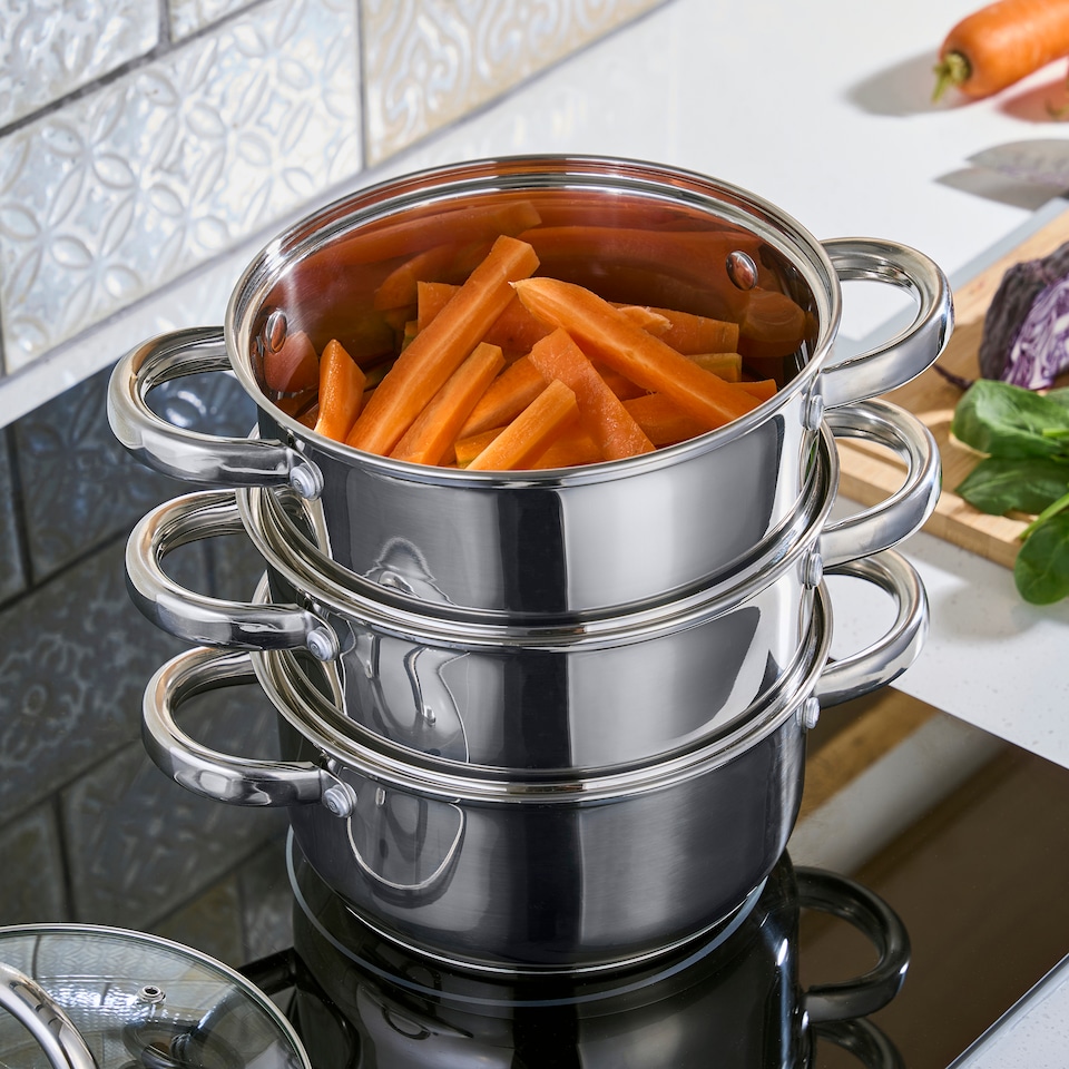 image 1 of Cooks Professional 3 Tier Stainless Steel Steamer Pan - Suitable for All Hobs | Silver | 18cm