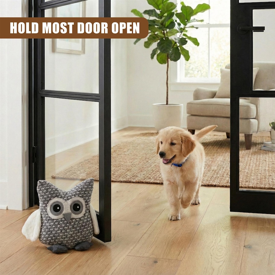 image 1 of GEEZY Novelty Owl Door Stop with Fluffy Wings, Soft Grey Decorative Stopper
