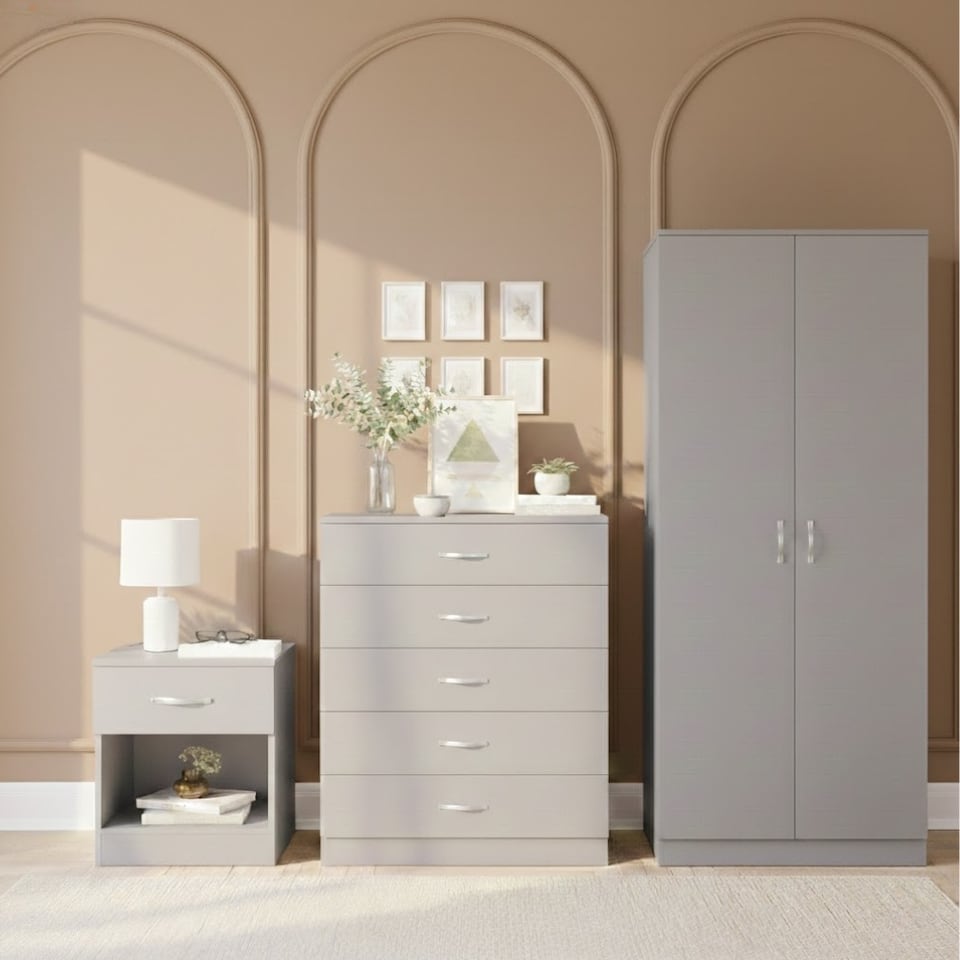 image 1 of Vida Designs Riano 3 Piece Bedroom Set (1 Drawer Bedside Chest, 5 Drawer Chest, 2 Door Wardrobe) Grey (4)