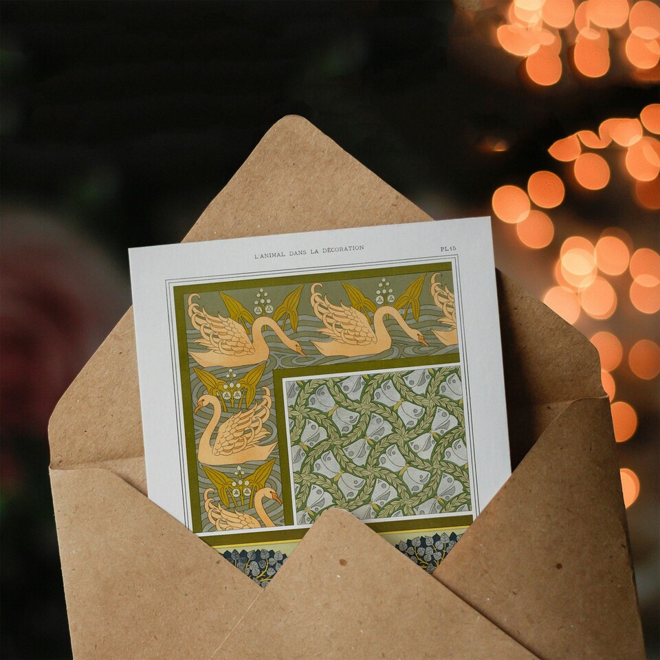 image 1 of Maurice Pillard Verneuil Art Card Swans Butterflies and Deer Patterns