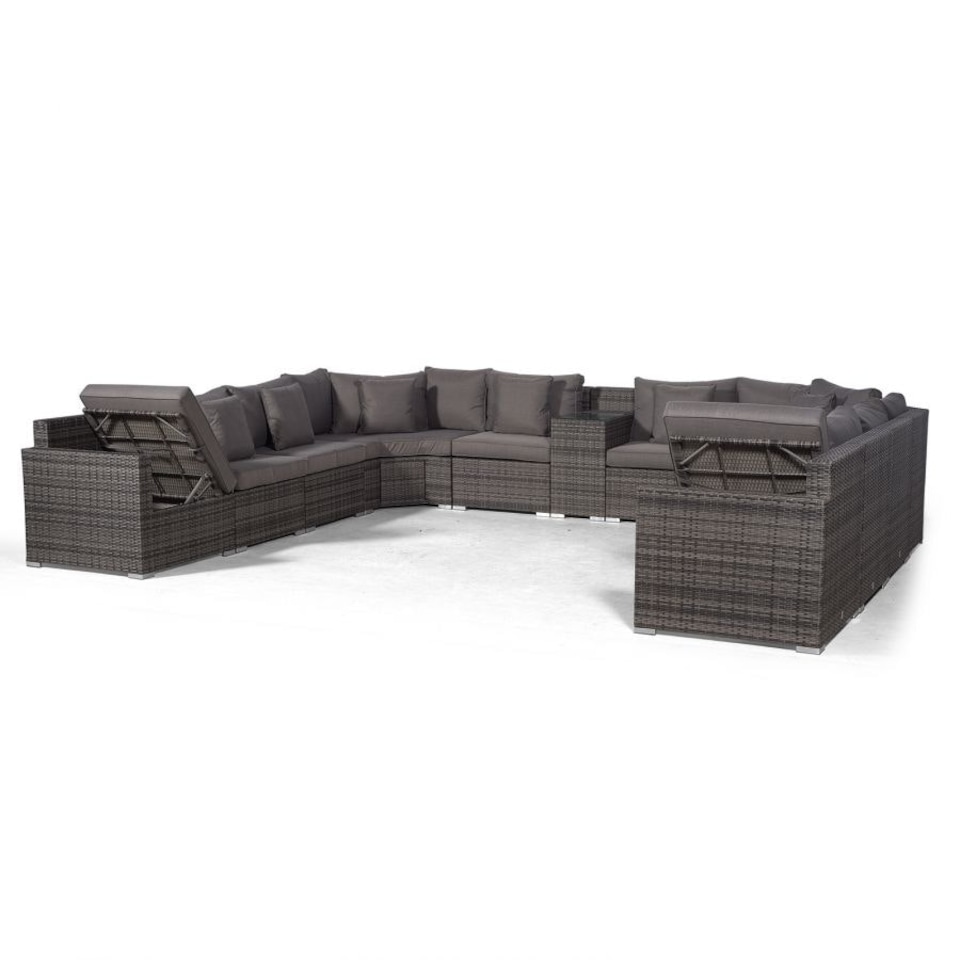 image 1 of Santorini U Shape Modular 10 Seat Rattan Sofa Set With Armrest Drinks Cooler, 2 Coffee Tables & 4 Stools Grey | Grey