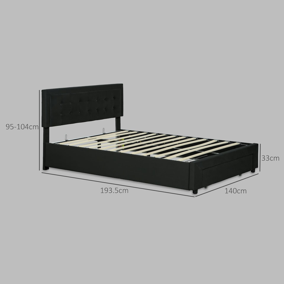 image 1 of HOMCOM Double Bed Frame with Storage and Adjustable Velvet Headboard, Black