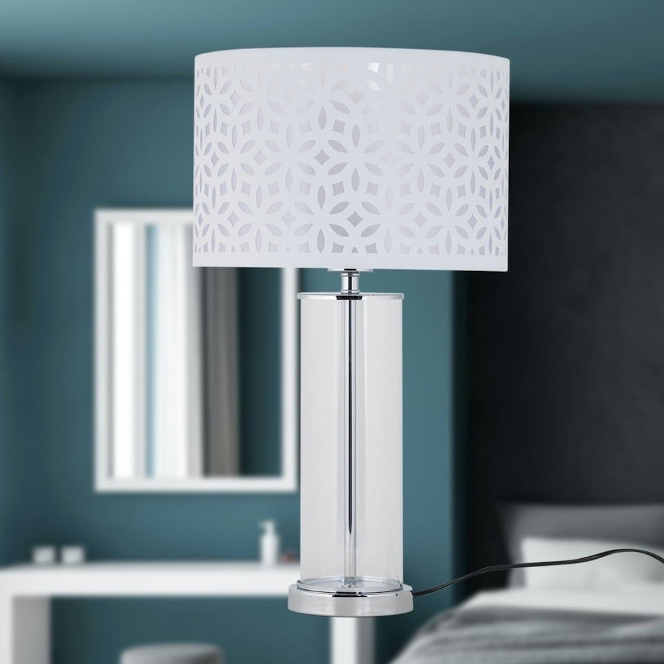 image 1 of Set of 2 Aura - Chrome Table Lamps with White Cut Out Shades Chrome | White