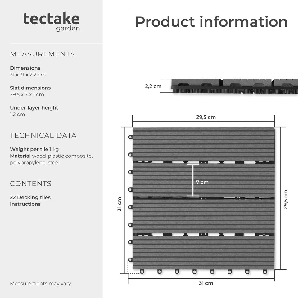 image 1 of Composite Decking Tegulas - click system, wood look, outdoor safe | Grey | grey | 31 x 31 x 2,20 cm | 22
