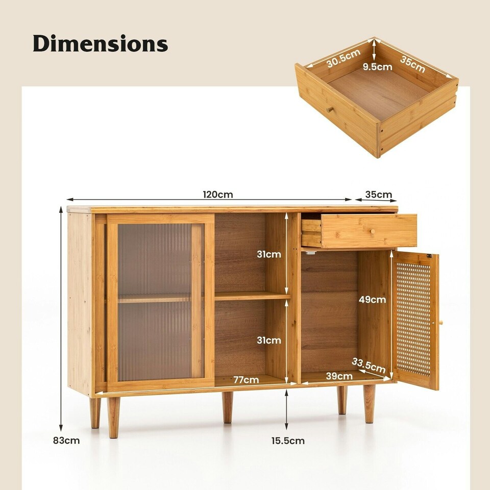 image 1 of COSTWAY Kitchen Buffet Sideboard Storage Cabinet Cupboard Brown