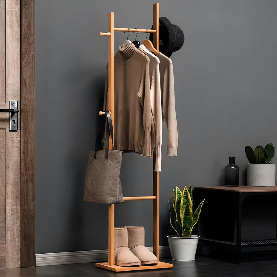 image 1 of Living and Home Wooden Slim Clothing Rack with Hooks | Multi