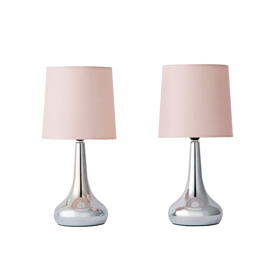 image 1 of ValueLights Teardrop Pair Chrome Touch Table Lamp Pink Shade & Bulb | Pink