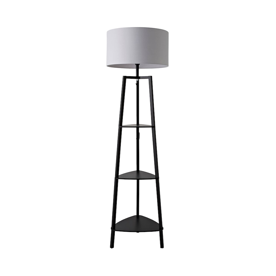 image 1 of ValueLights Hiru Black 3 Tier Shelf Floor Lamp Grey Shade & Bulb | Grey