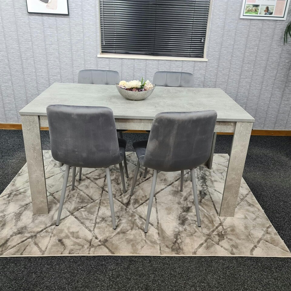 image 1 of Dining Table with 4 Grey Velvet Chairs Stone Grey Effect Wood Table Set for Dining Room Grey
