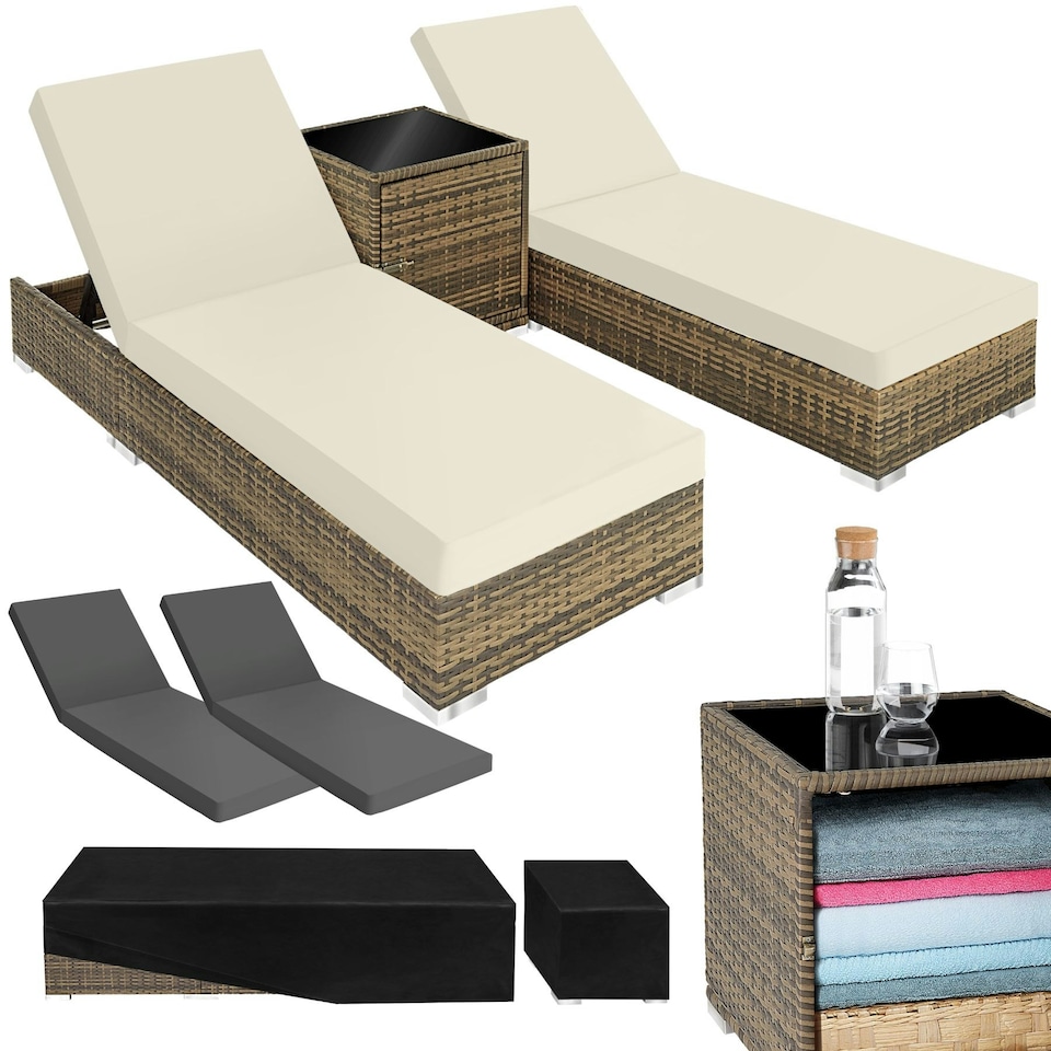 image 1 of Sun Lounger Set - 2 loungers, 1 side table, aluminium frame, adjustable backrest, rain cover Brown | Nature