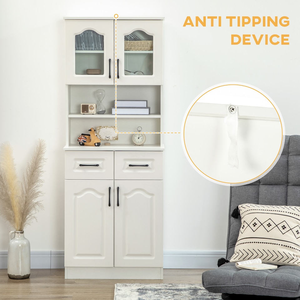 image 1 of HOMCOM Kitchen Cupboard, Freestanding Storage Cabinet with 2 Adjustable Shelves, 2 Drawers and Open Counter for Living Room, Dining Room, 168cm, White