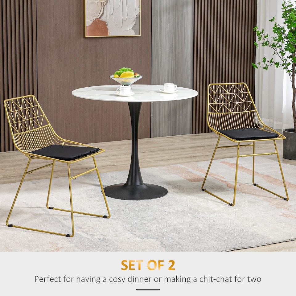 image 1 of HOMCOM Luxurious Dining Chairs Set of 2, Metal Wire Kitchen Chair with Removable Velvet-feel Cushion, Cut-out Back and Steel Frame for Dining Room, Gold Tone