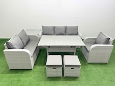 Fimous Patio PE Wicker 8 Seater Outdoor Rattan Furniture Sofa Sets with Rectangular Dining Table Reclining Chair Loveseat Sofa 3 Seater Sofa Stool Side Table Light Grey