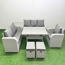 Fimous Patio PE Wicker 8 Seater Outdoor Rattan Furniture Sofa Sets with Rectangular Dining Table Reclining Chair Loveseat Sofa 3 Seater Sofa Stool Side Table Light Grey