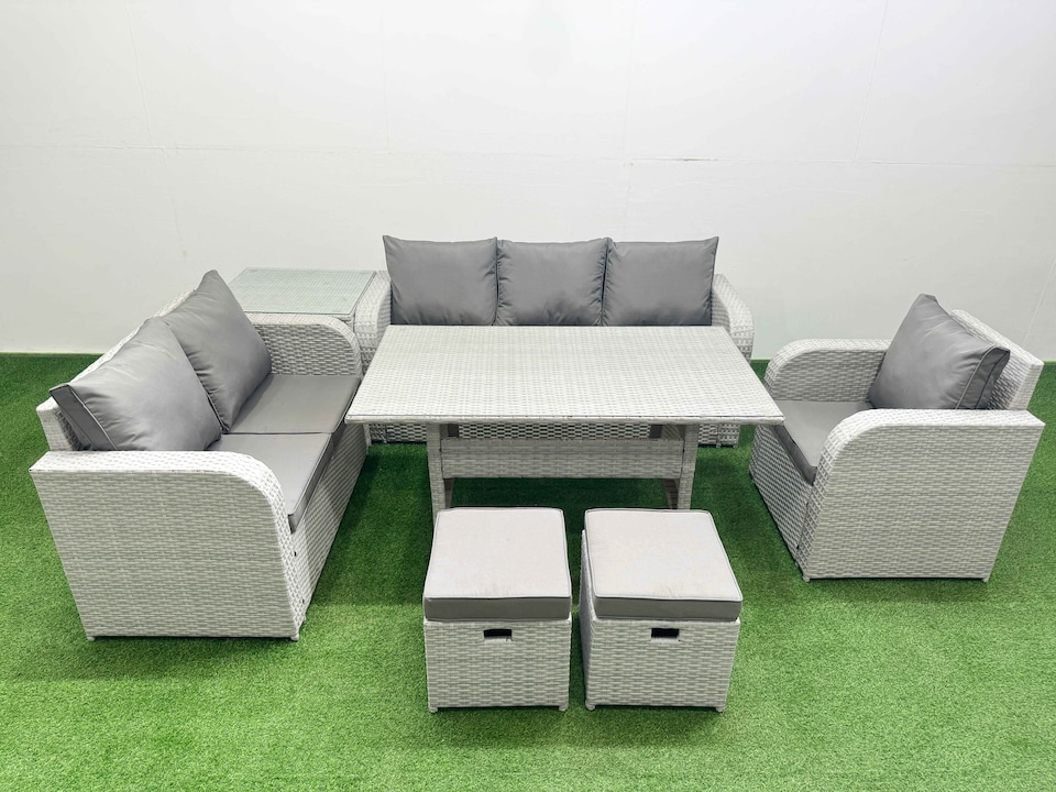 image 1 of Fimous Patio PE Wicker 8 Seater Outdoor Rattan Furniture Sofa Sets with Rectangular Dining Table Reclining Chair Loveseat Sofa 3 Seater Sofa Stool Side Table Light Grey