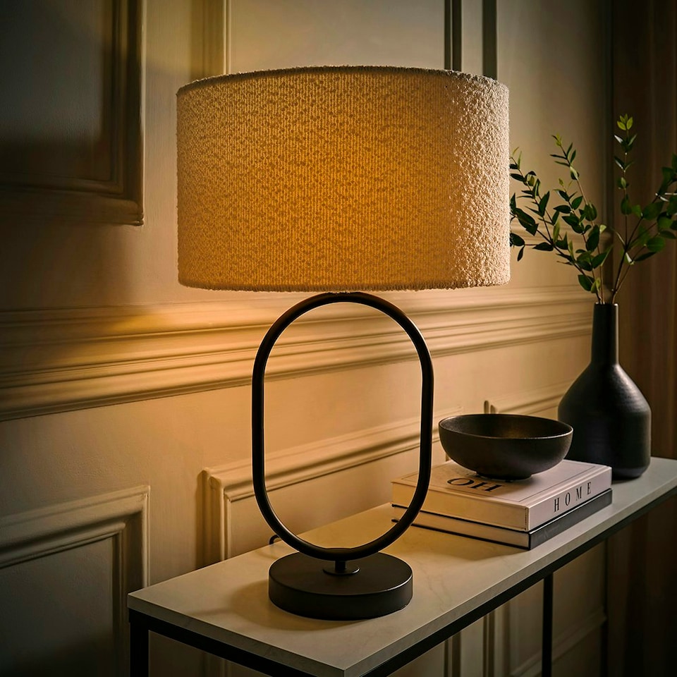 image 1 of ValueLights Antonia Cream Boucle Drum Shade Matte Black Oval Table Lamp Black