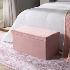 OHS Matte Velvet Soft Long Rectangle Foldable Footstool Seat Storage Organiser Ottoman | Pink | Blush Pink