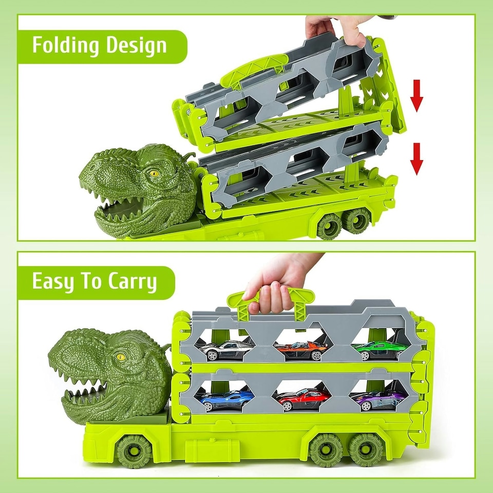 image 1 of Portable Dinosaur Race Track Truck Toy Car Transport Carrier Play Set with 6 Racing Cars – Educational and Storage Toy for Kids