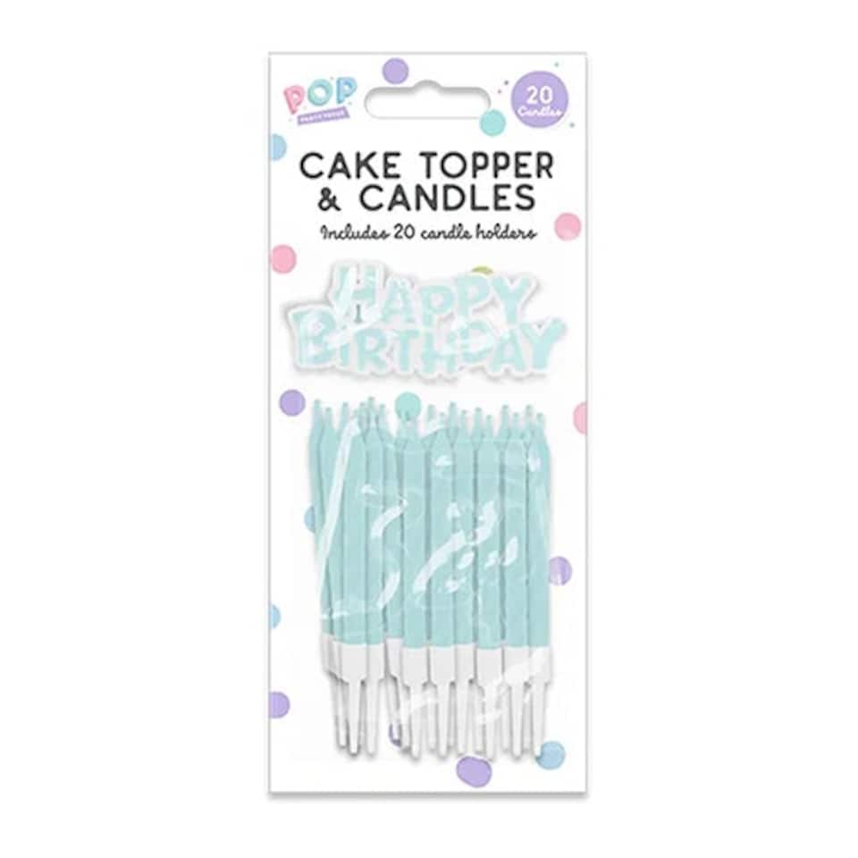Pastel Green Happy Birthday Cake Topper and Candles with Holders Green