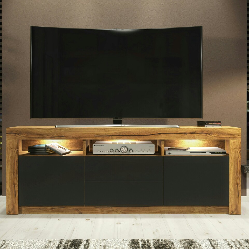 image 1 of TV Unit 160cm Black Matt Doors & Drawers Oak Matt Body Free LED Multi | Oak & Black