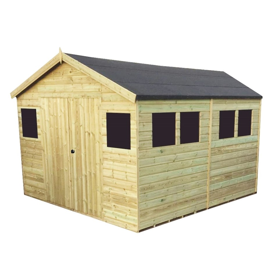 image 1 of 16 x 12 Pressure Treated T&G Apex Wooden Workshop / Garden Shed + 8 Windows + Double Doors (16' x 12' / 16ft x 12ft) (16x12)