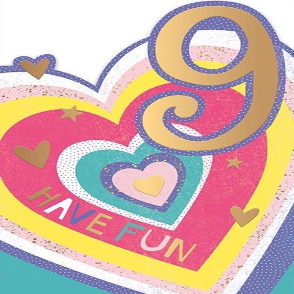 Words 'n' Wishes Milestone Age 9 Female Birthday Card for Girls - Cute Stripey Heart and Stars with Gold Foil and Die Cut Edge - Made in England