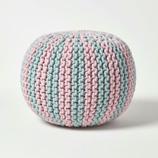 Homescapes Pink and Blue Knitted Pouffe Striped Footstool - 35 x 40 cm