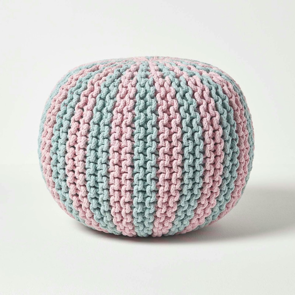 image 1 of Homescapes Pink and Blue Knitted Pouffe Striped Footstool - 35 x 40 cm
