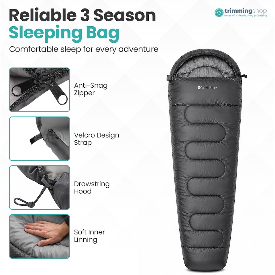 image 1 of 350GSM Mummy Waterproof Sleeping Bag with Hood, 6ft Adults - 3-4 Season