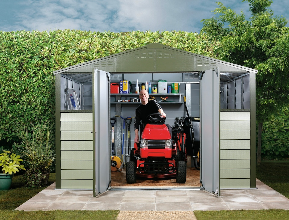 image 1 of 10 x 8 ft Trimetals Titan 108 Apex Roof Metal Shed - Double Door - Two Window | Green | 10x8ft
