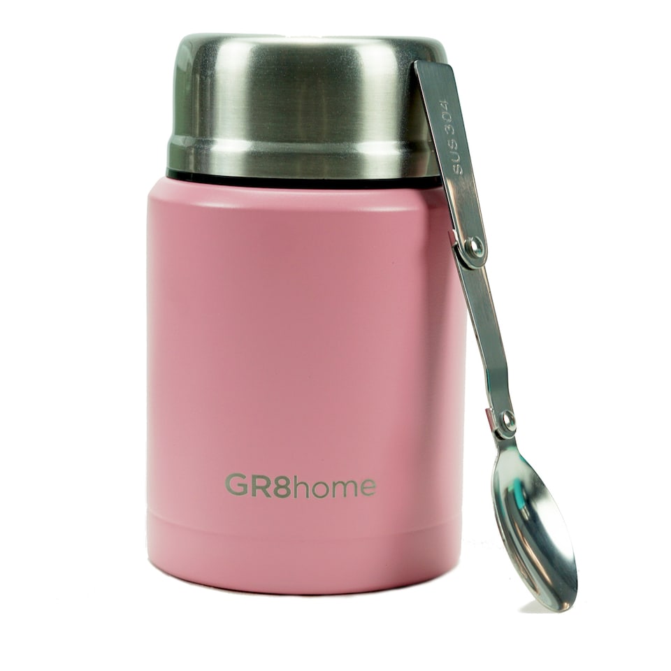 image 1 of Gr8 Home Stainless Steel Food Flask 500ml Vacuum Insulated Thermal Jar With Spoon Pink