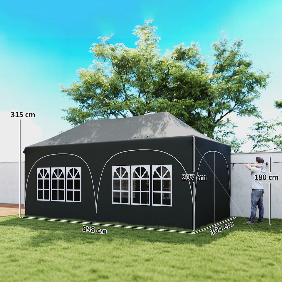 image 1 of Outsunny 3 x 6m Pop Up Gazebo with Sides, Peak Top Garden Party Tent Marquee | Grey | Dark Grey | 598 x 300 x 315 cm