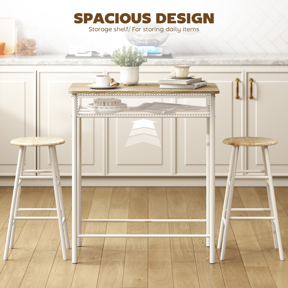 image 1 of HOMCOM Bar Table Set, Bar Table and Stools Set, Footrest and Storage Shelf, for Kitchen, Dining Room, Pub, Cafe, White and Oak