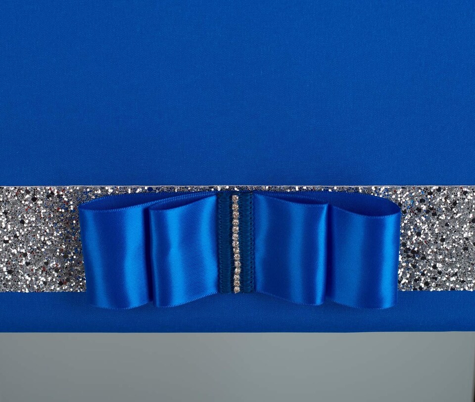 image 1 of FURNISHED Blackout Roller Blind with Silver Glitter Trim and Blue Bow Trimmable Window Shade | Blue | Blue | (W) 75cm x (L) 165cm