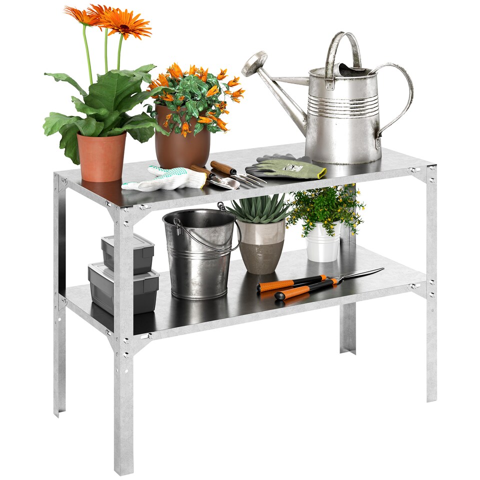 image 1 of Outsunny 2 Tier Potting Bench Table, Galvanised Work Bench, Silver Tone