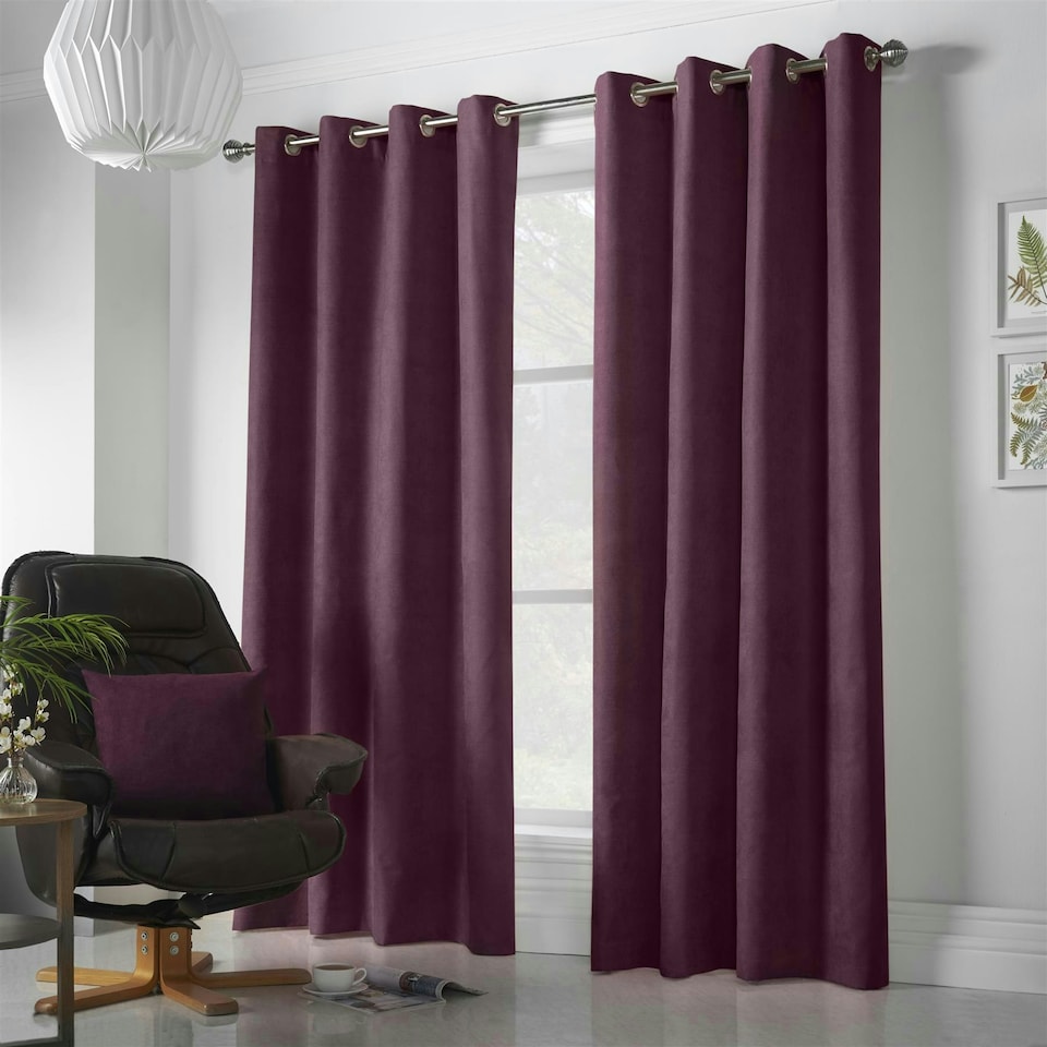 image 1 of Velvet Chenille Unlined Ring Top Curtains - 142cm x 229cm - Aubergine