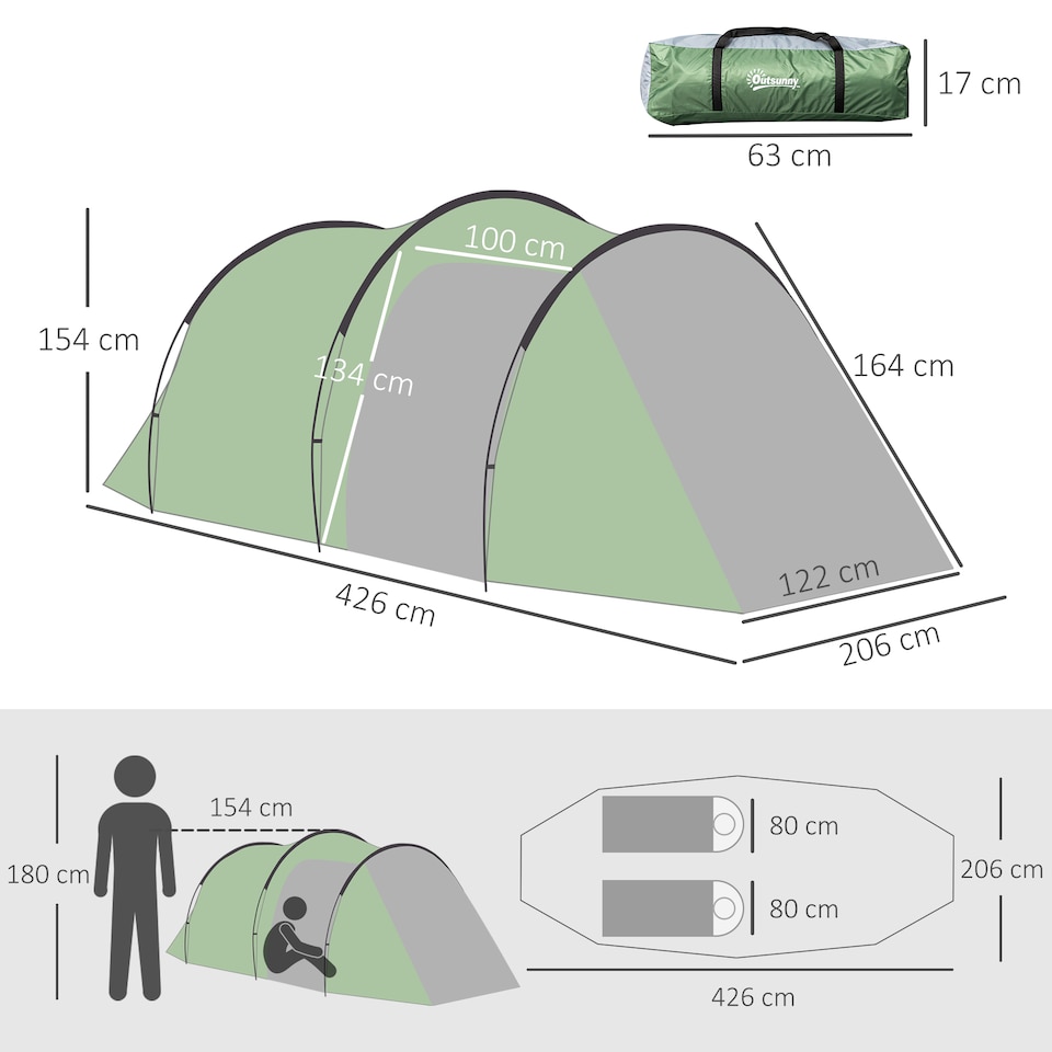 image 1 of Outsunny 3 Man Camping Tent with Porch and Weather-Resistant Rainfly, Green