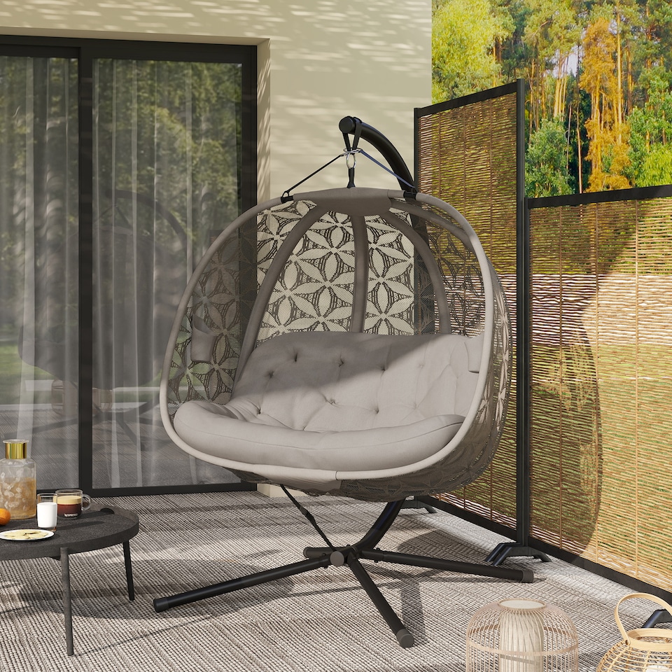 image 1 of Outsunny Double Hanging Swing Chair w/ Stand & Cup Holders, Brown | Brown
