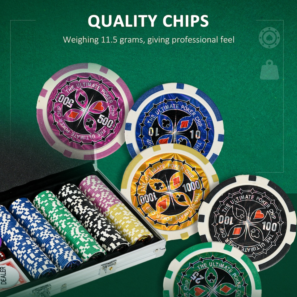 image 1 of SPORTNOW 500-Piece Poker Chips Set with Aluminium Case, Holdem Poker Set with Mat, 11.5g Numbered Poker Chips, Two Decks of Cards, Dealer, Five Dices