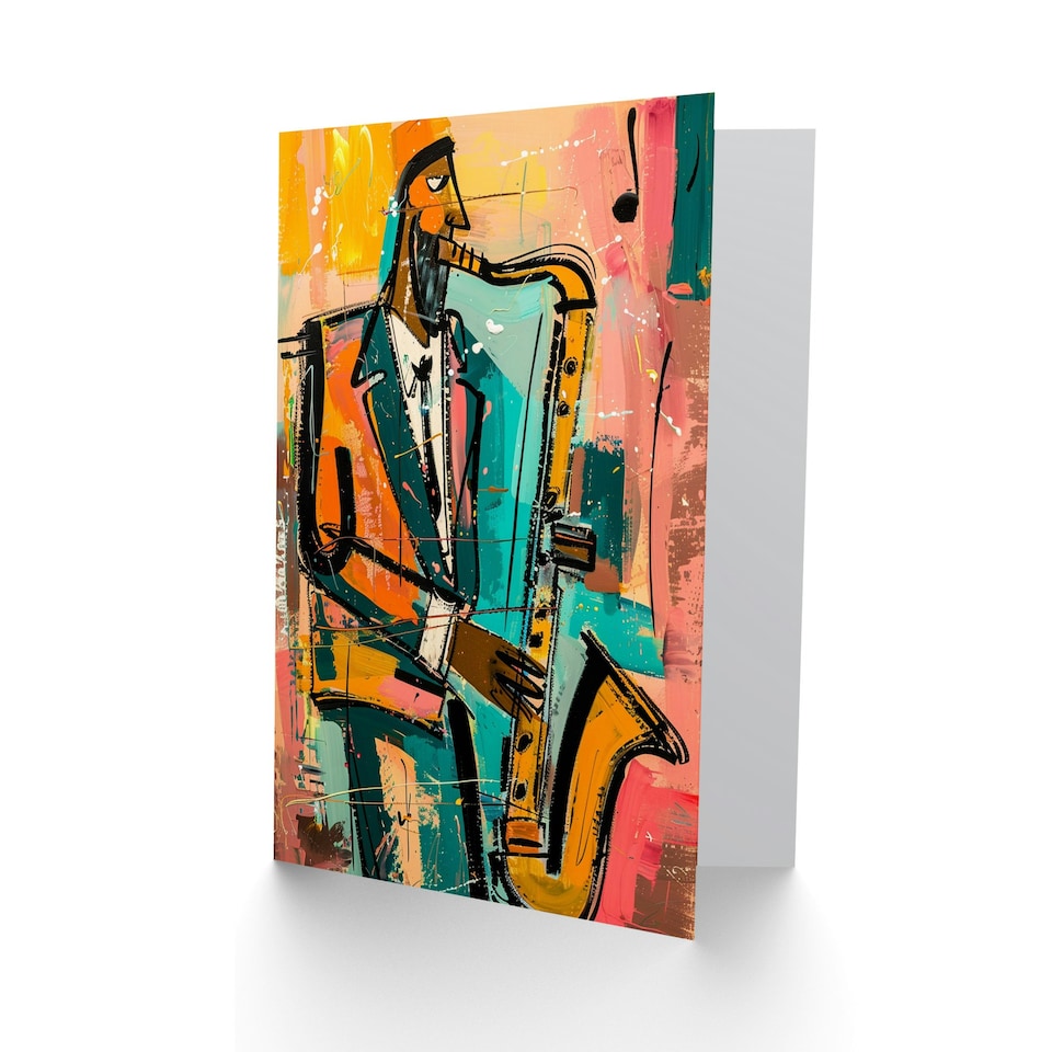 image 1 of Saxophone Player Jazz Music Musician Colourful Abstract Greeting Card
