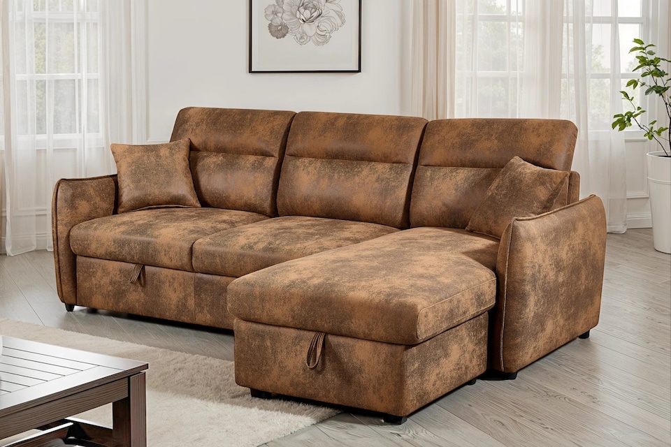 image 1 of Faux Leather Suede Brown 2C1 Corner Sofabed with Storage ARCHIE