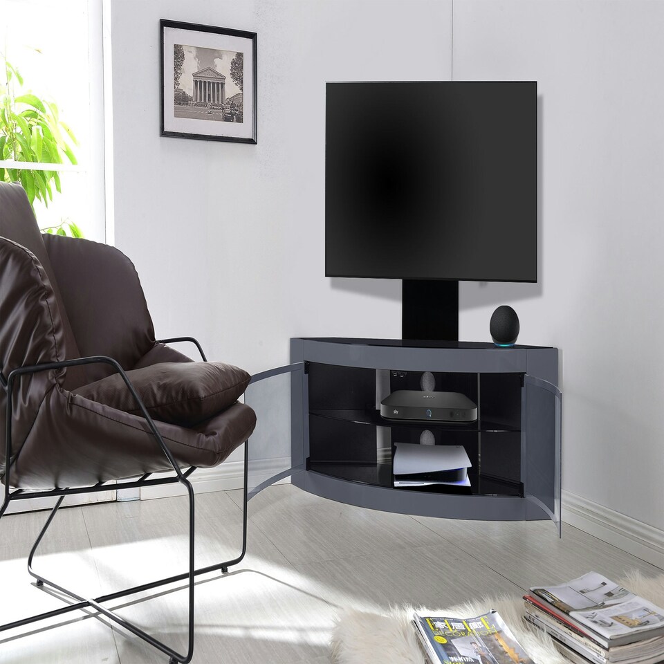 image 1 of Centurion Supports PANGEA Grey Beam-Thru Curved True-Corner 32"-50" TV Cabinet with Mounting Arm Grey
