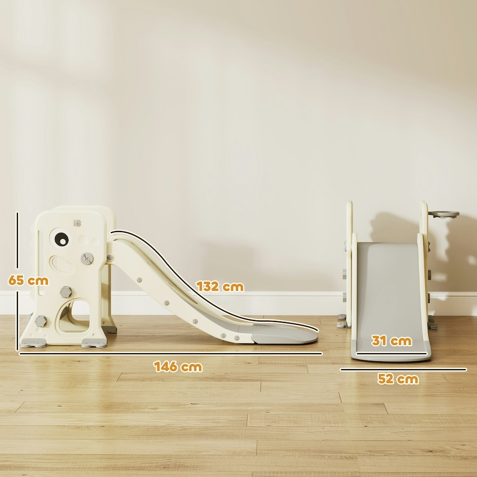 image 1 of AIYAPLAY Foldable Kids Slide with Climber, Basketball Hoop, Cream White