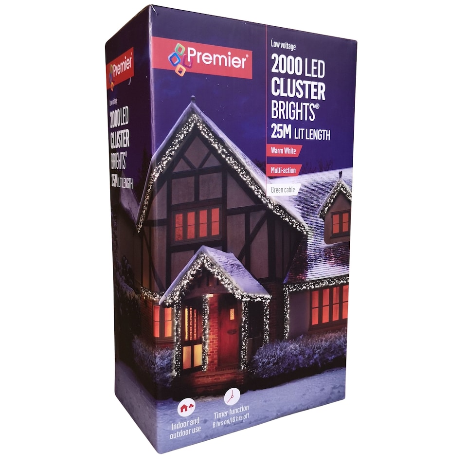 image 1 of 2000 LED 25m Premier Clusterbrights Indoor Outdoor Multifunction Mains Operated Christmas Cluster Lights with Timer in Warm White