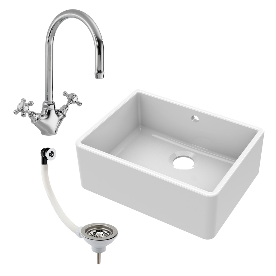 image 1 of 595mm - Single Bowl Fireclay Butler Kitchen Sink -  Overflow, Mixer Tap  & Waste